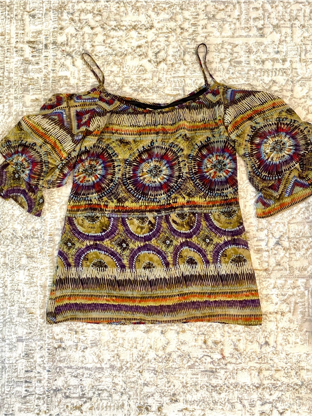 Show Me Your MuMu Multi-Color Cold-Shoulder Blouse with Boho Tie Medallion Print
